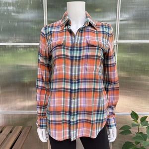 Ralph Lauren Sport Size 8 Flannel Shirt Womens Orange Plaid Button Down Long Slv